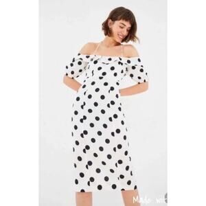 FARM Rio White Off-Shoulder Midi Dress with Black Polka Dots